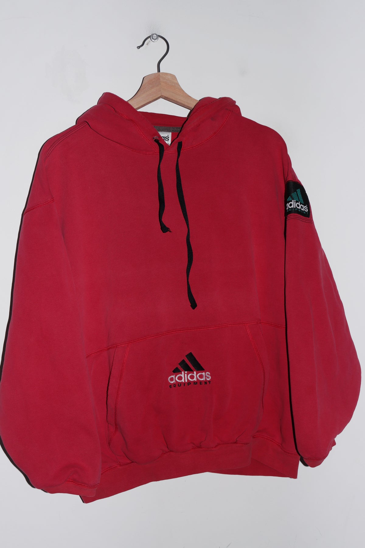 Vintage 90s Adidas Equipment Embroidered Graphic Faded Red Hoodie (Rare) (M)