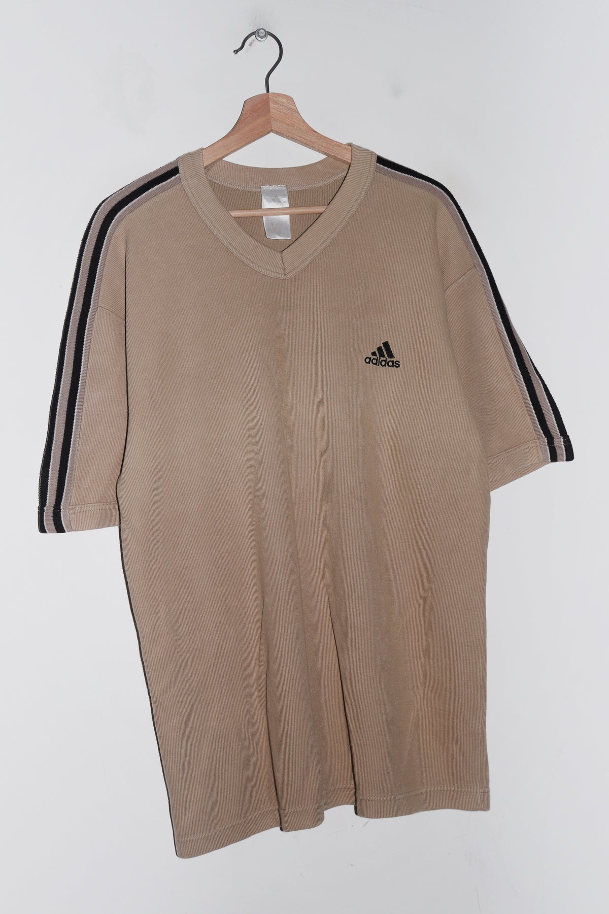 Vintage Adidas Embroidered Logo Thick Ribbed Sand Tee (L-XL)