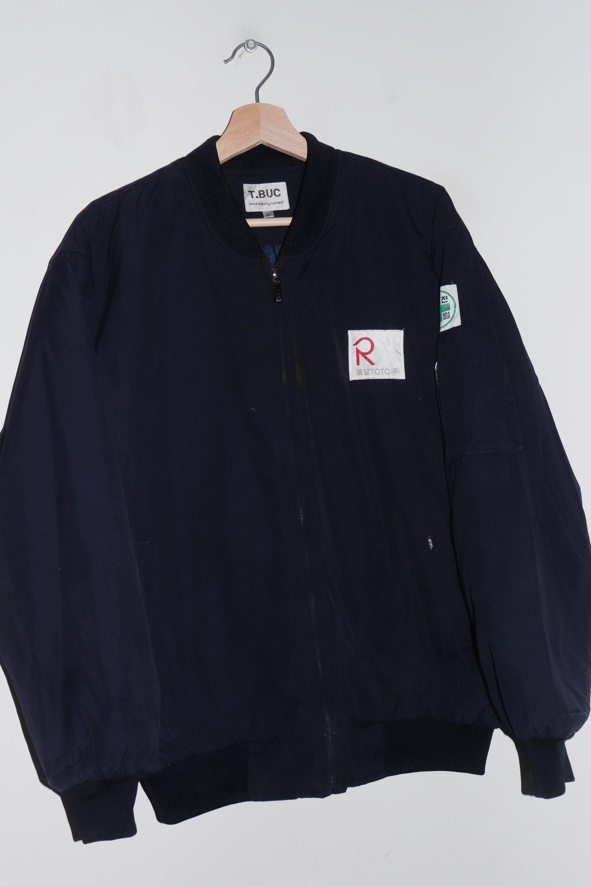 Old School Korean Workwear Thick Padded Navy Bomber Outerwear Jacket (M-L)