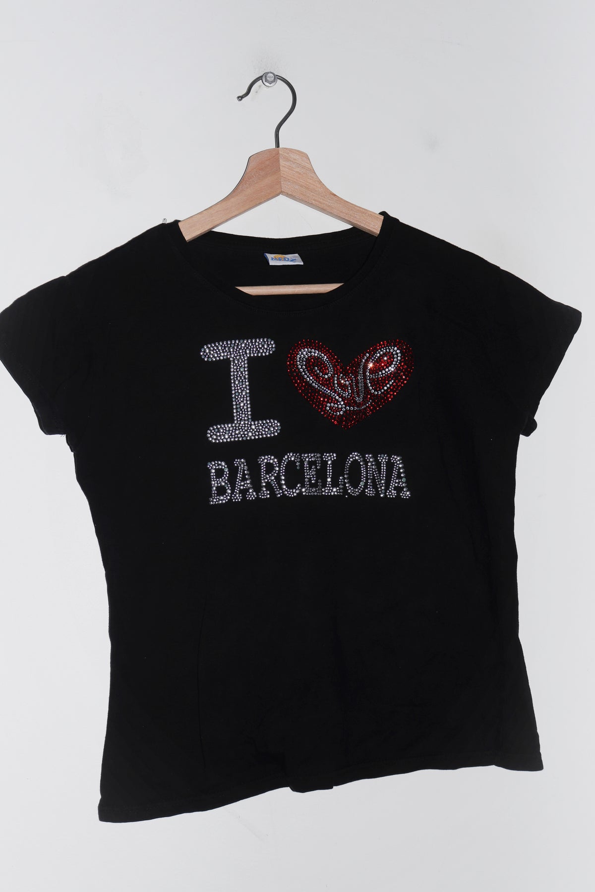 Old School 2000s I Love Barcelona Rhinestone Graphic Baby Tee (S-M)