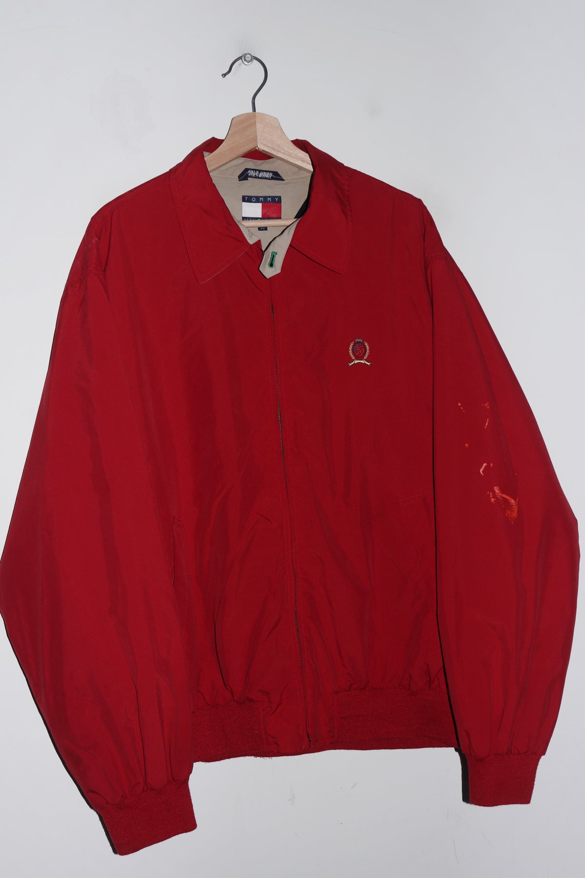 Vintage 90s Tommy Hilfiger Embroidered Crest Red Harrington Jacket (M-L)