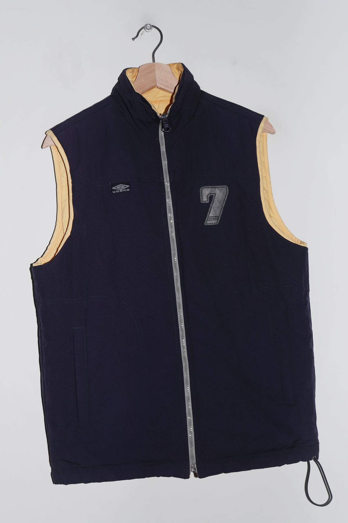 Vintage Umbro Football Spellout Thick Padded Reversible Navy / Yellow Vest (M)