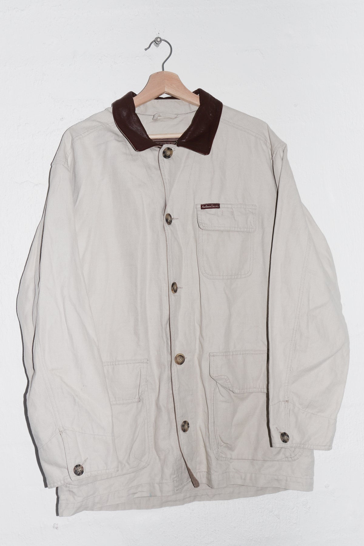 Vintage Marlboro Leather Collared Canvas Outerwear Chore Jacket (L-XL)