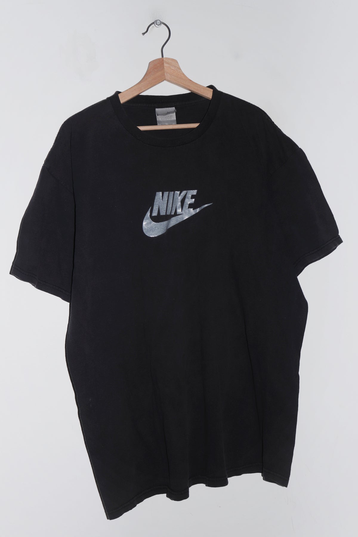 Vintage Nike Metallic Swoosh Graphic Faded Black Tee (L-XL)