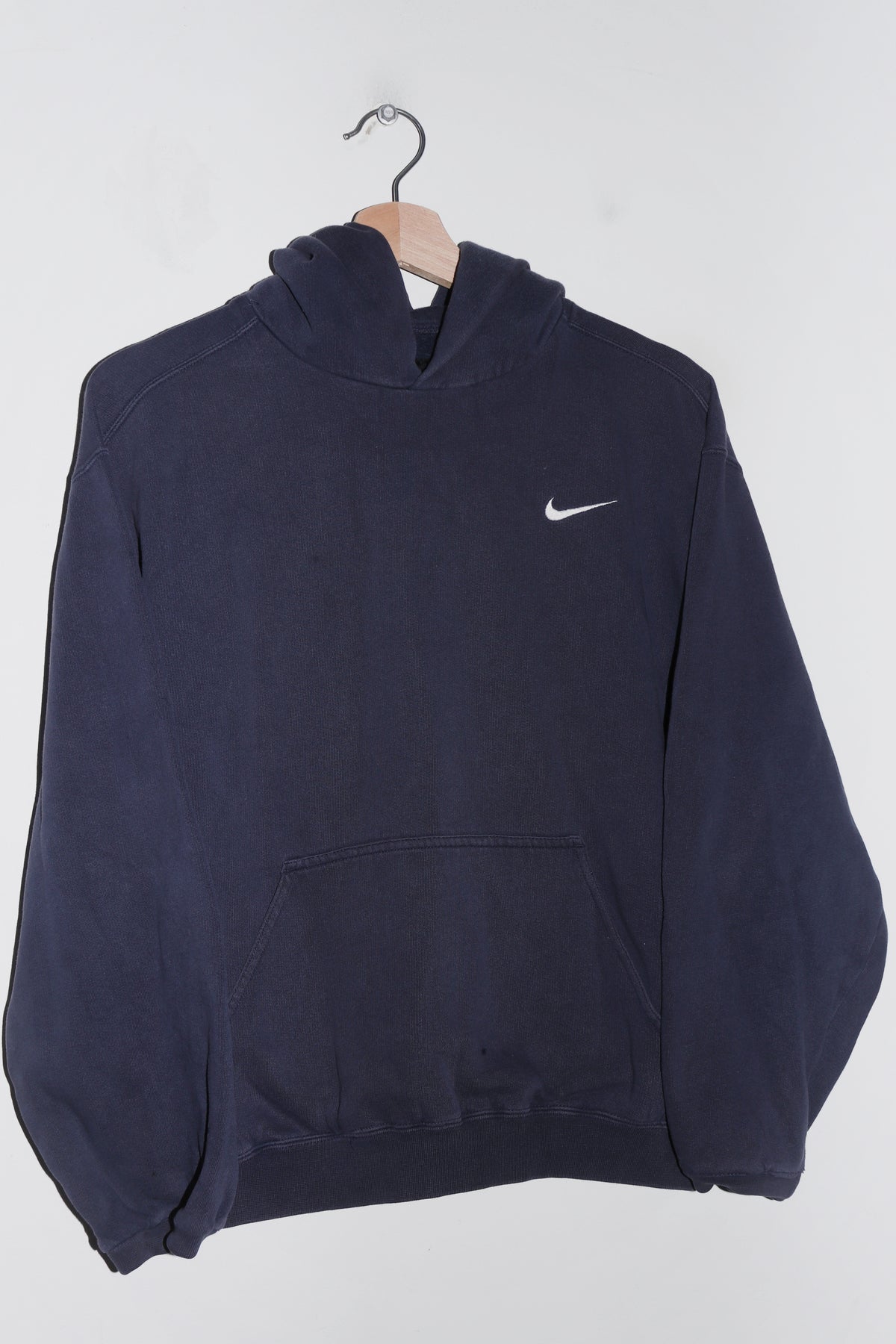 Vintage 90s Nike Embroidered Mini Swoosh Faded Navy Hoodie (S-M/M)