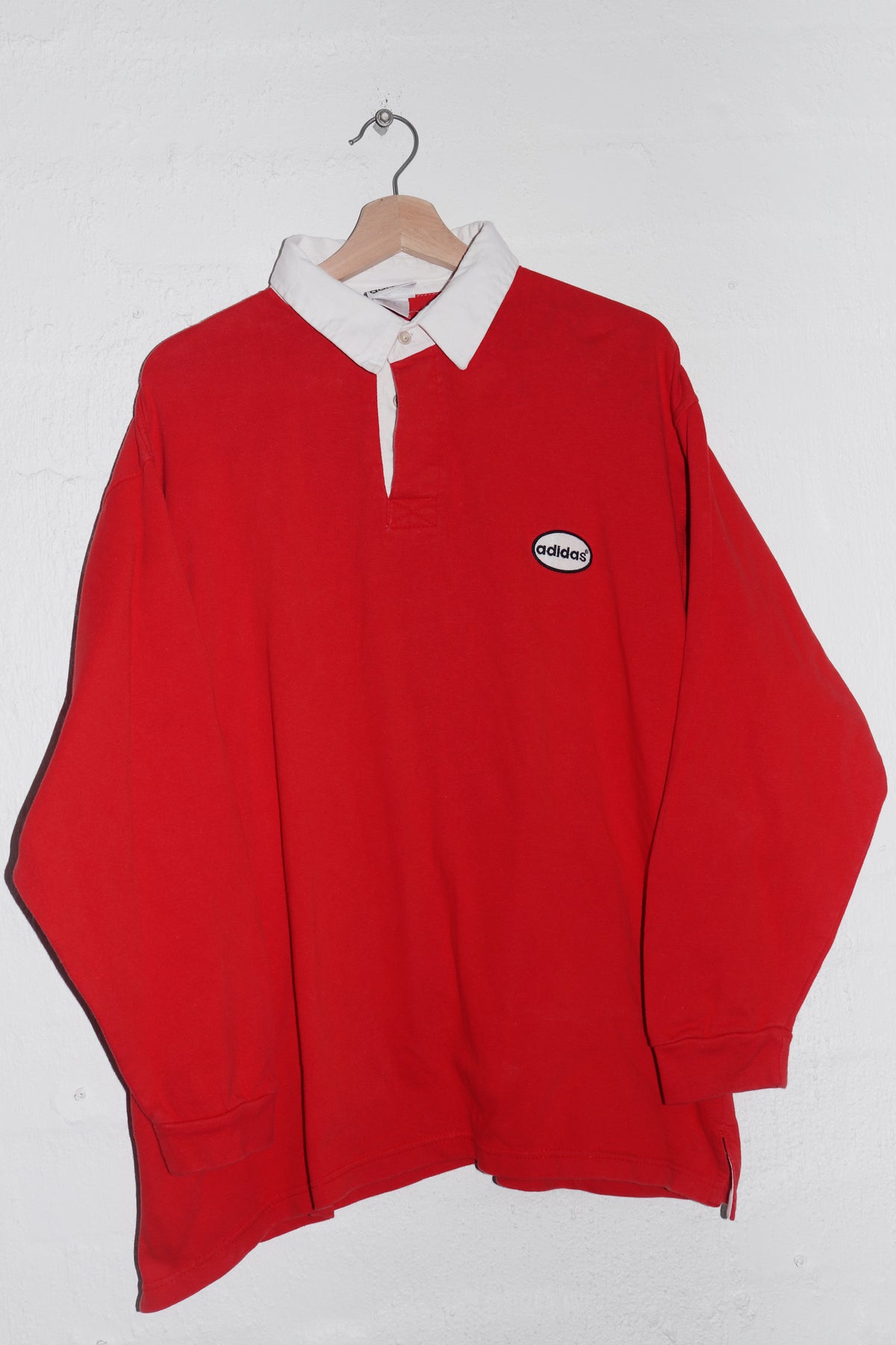 Vintage 90s Adidas Embroidered Logo Thick Rugby Polo Jumper (L)