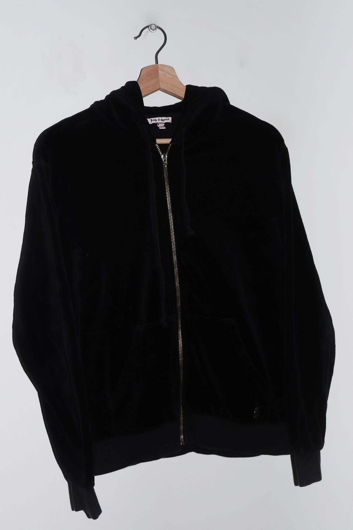 Juicy Couture Gold Metal Logo Black Velour Hooded Jacket (M)