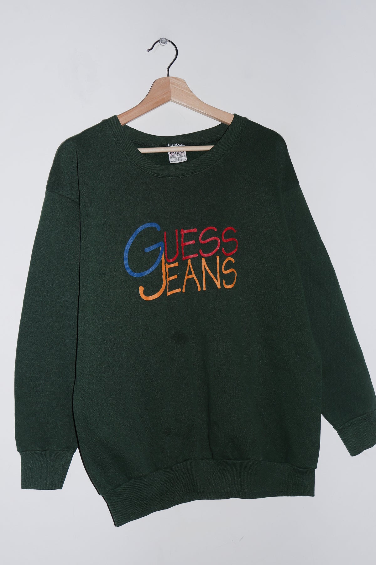 Vintage 90s Guess Jeans Graphic Faded Forest Green Sweatshirt (M)