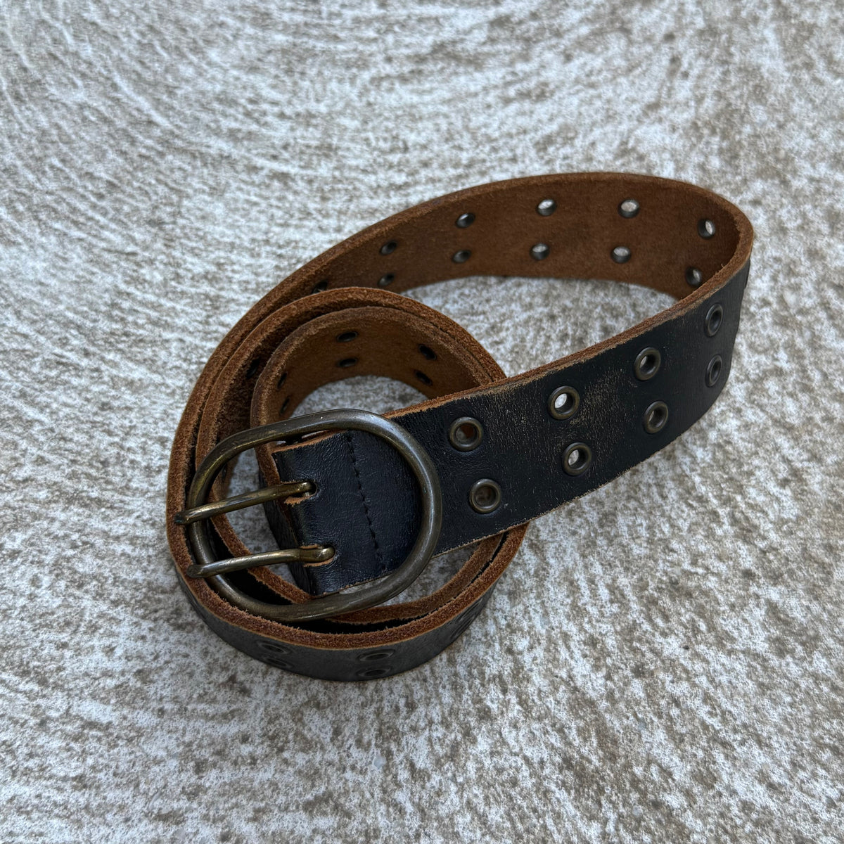 Old School Silver Buckle Brown Eyelet Leather Belt