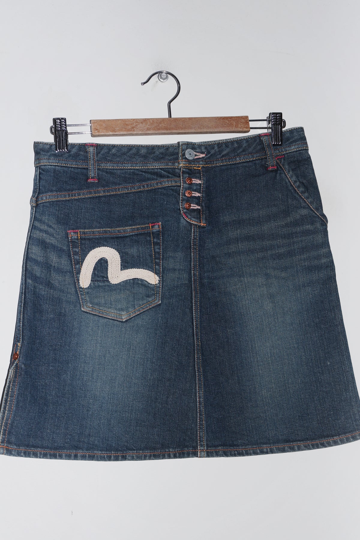 Vintage Evisu Donna Embroidered Graphic Thick Denim Skirt (8-10)