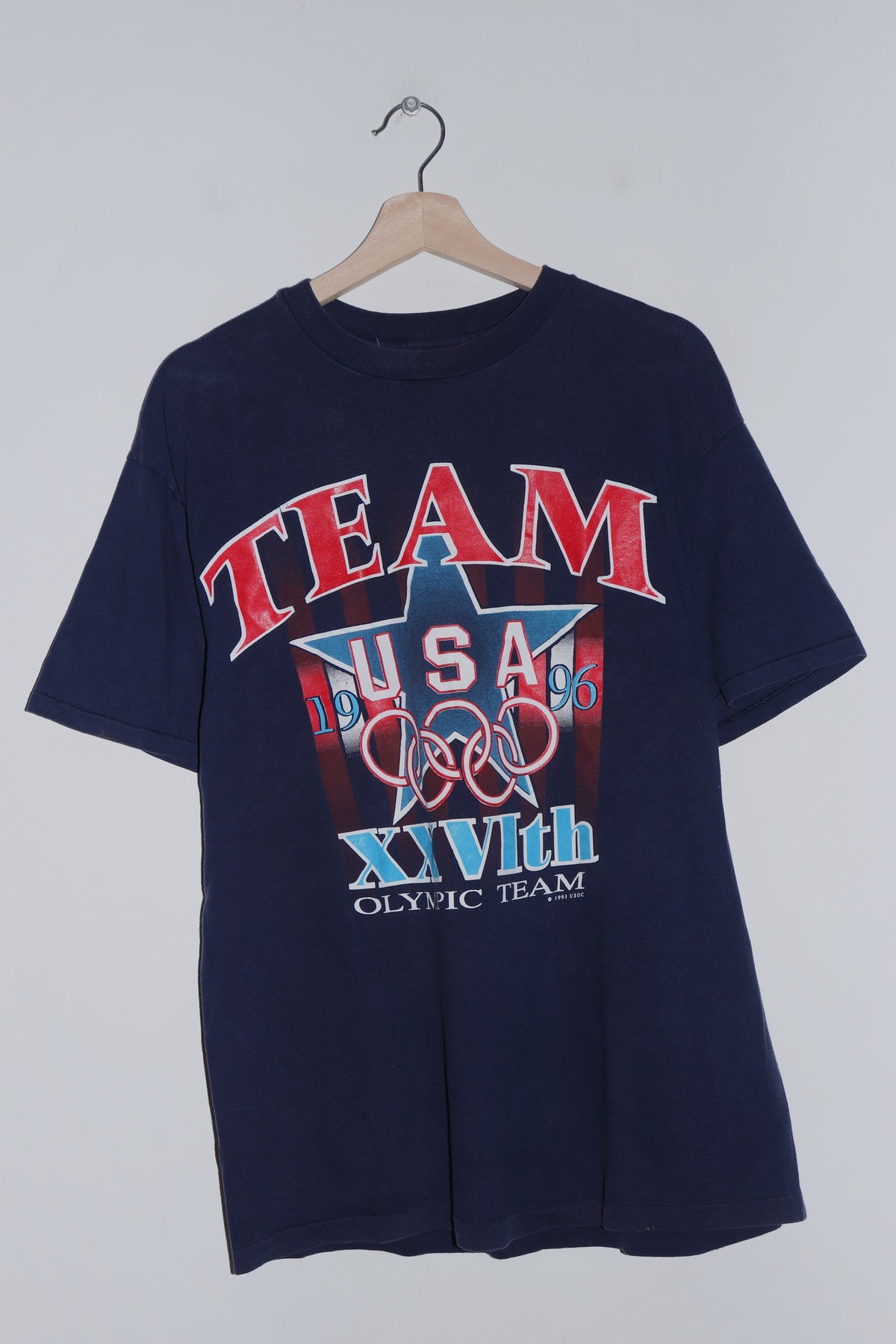Vintage Atlanta 1996 Olympics Team USA Graphic Navy Tee (M-L)