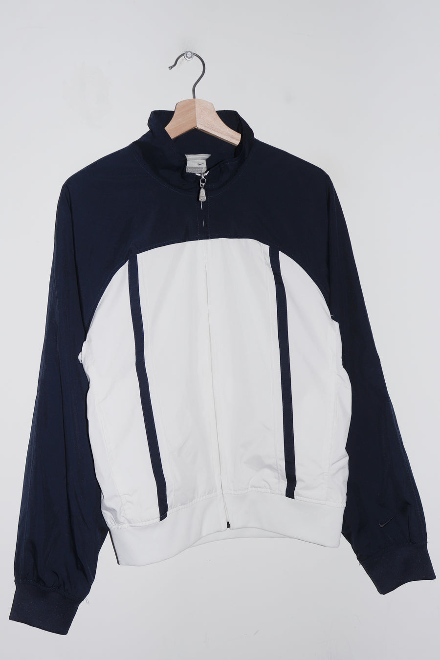Vintage Nike Embroidered Sleeve Mini Swoosh White / Navy Track Jacket (S-M/M)