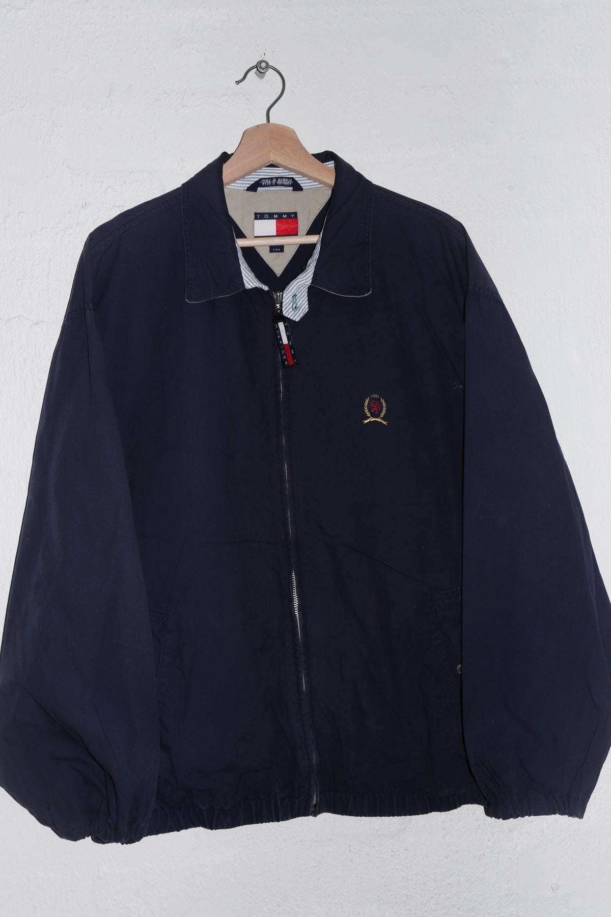 Vintage 90s Tommy Hilfiger Embroidered Crest Faded Navy Harrington Jacket (L)