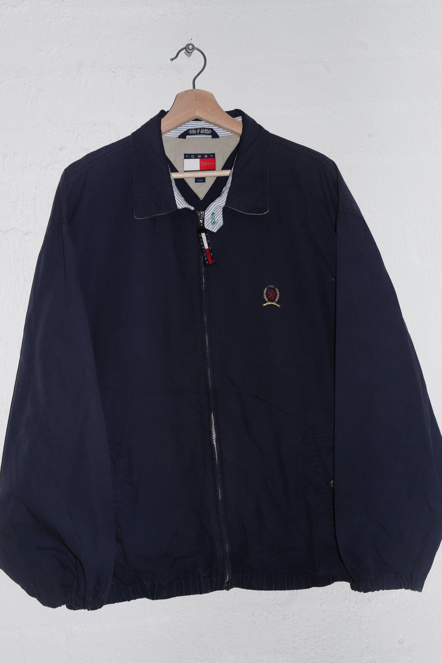 Vintage 90s Tommy Hilfiger Embroidered Crest Faded Navy Harrington Jacket (L)