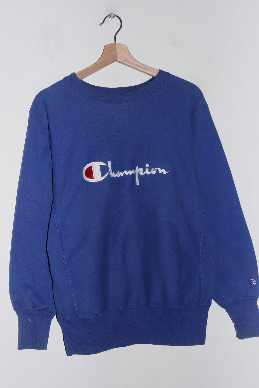 Vintage 90s USA Champion Reverse Weave Embroidered Spellout Blue Sweatshirt (M)