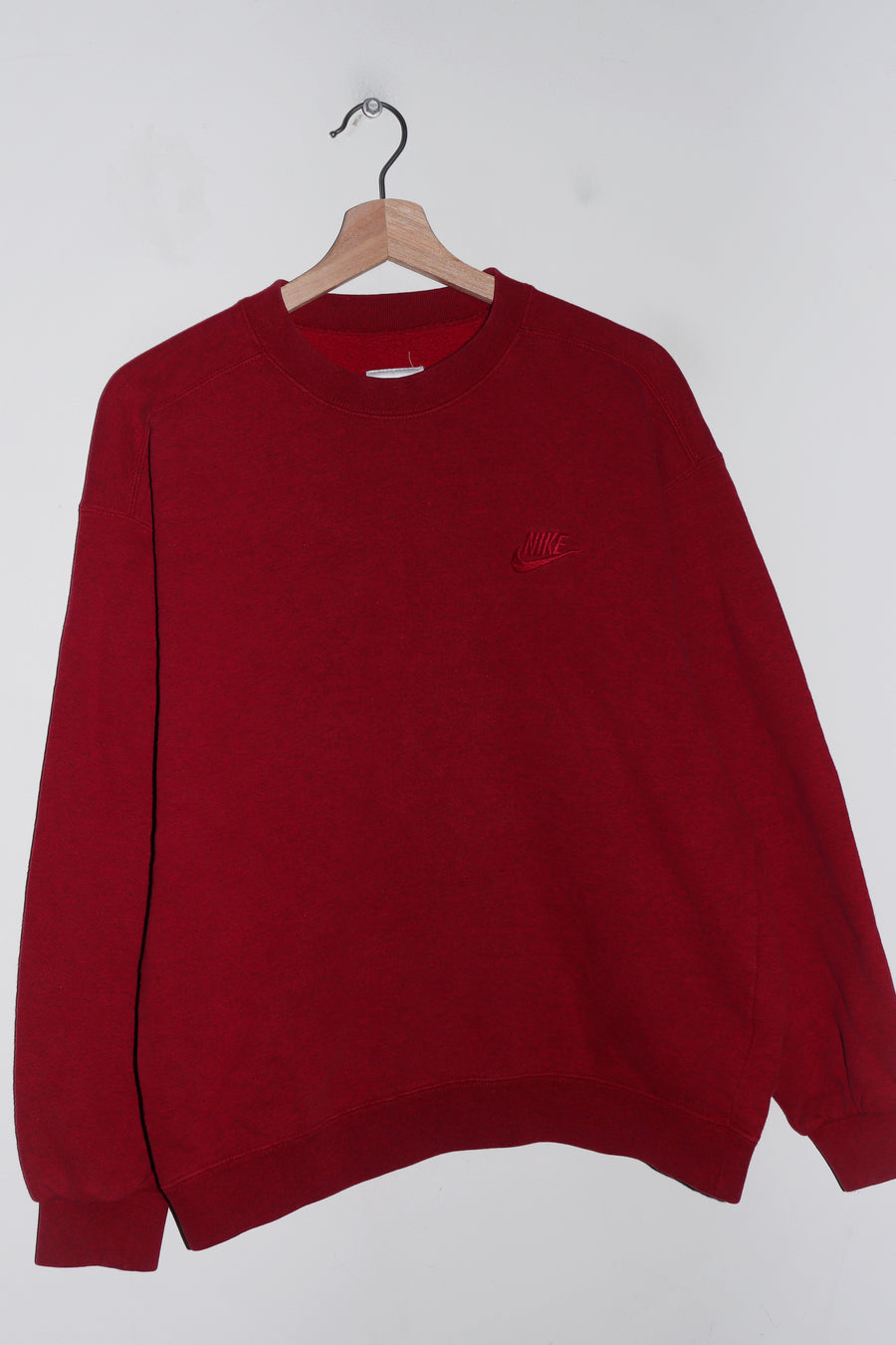 Vintage 90s Nike Embroidered Tonal Swoosh Thick Faded Dark Red Sweatshirt (M)