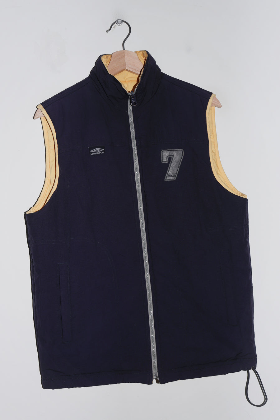 Vintage Umbro Football Spellout Thick Padded Reversible Navy / Yellow Vest (M)