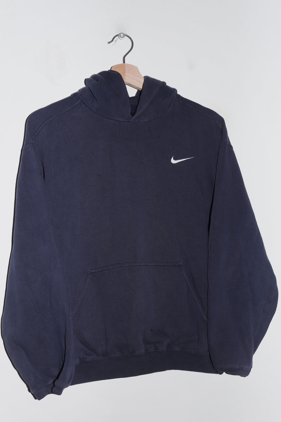 Vintage 90s Nike Embroidered Mini Swoosh Faded Navy Hoodie (S-M/M)