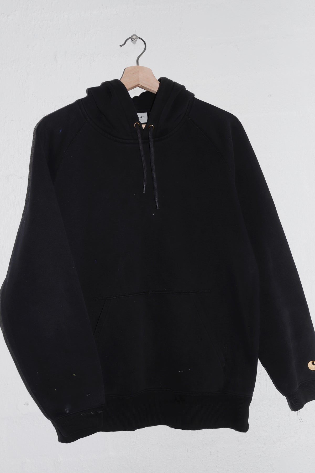 Carhartt WIP Sleeve Logo Paint Splattered Thick Faded Black Hoodie (M)