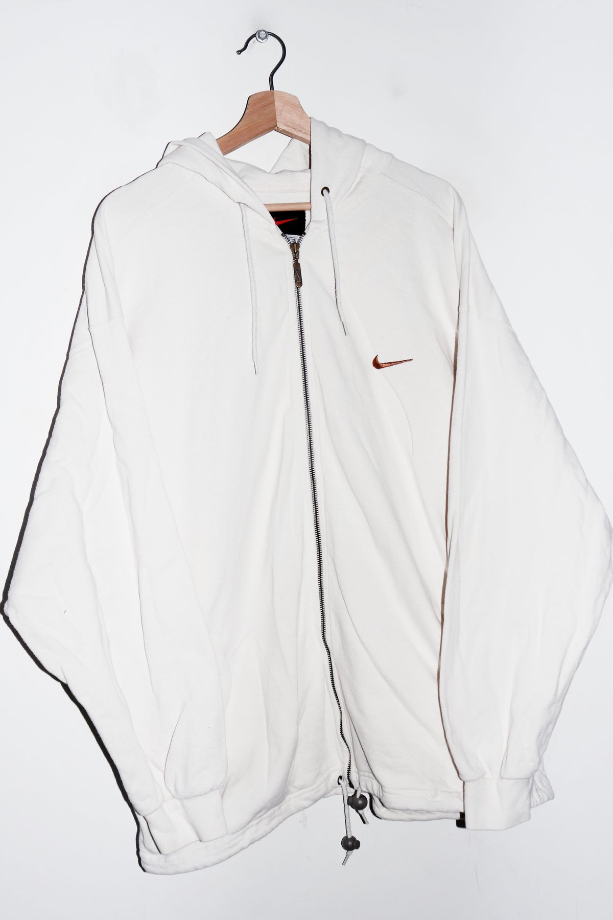 Vintage 90s Nike Embroidered Mini Swoosh Thick White Cotton Hooded Jacket (XL)