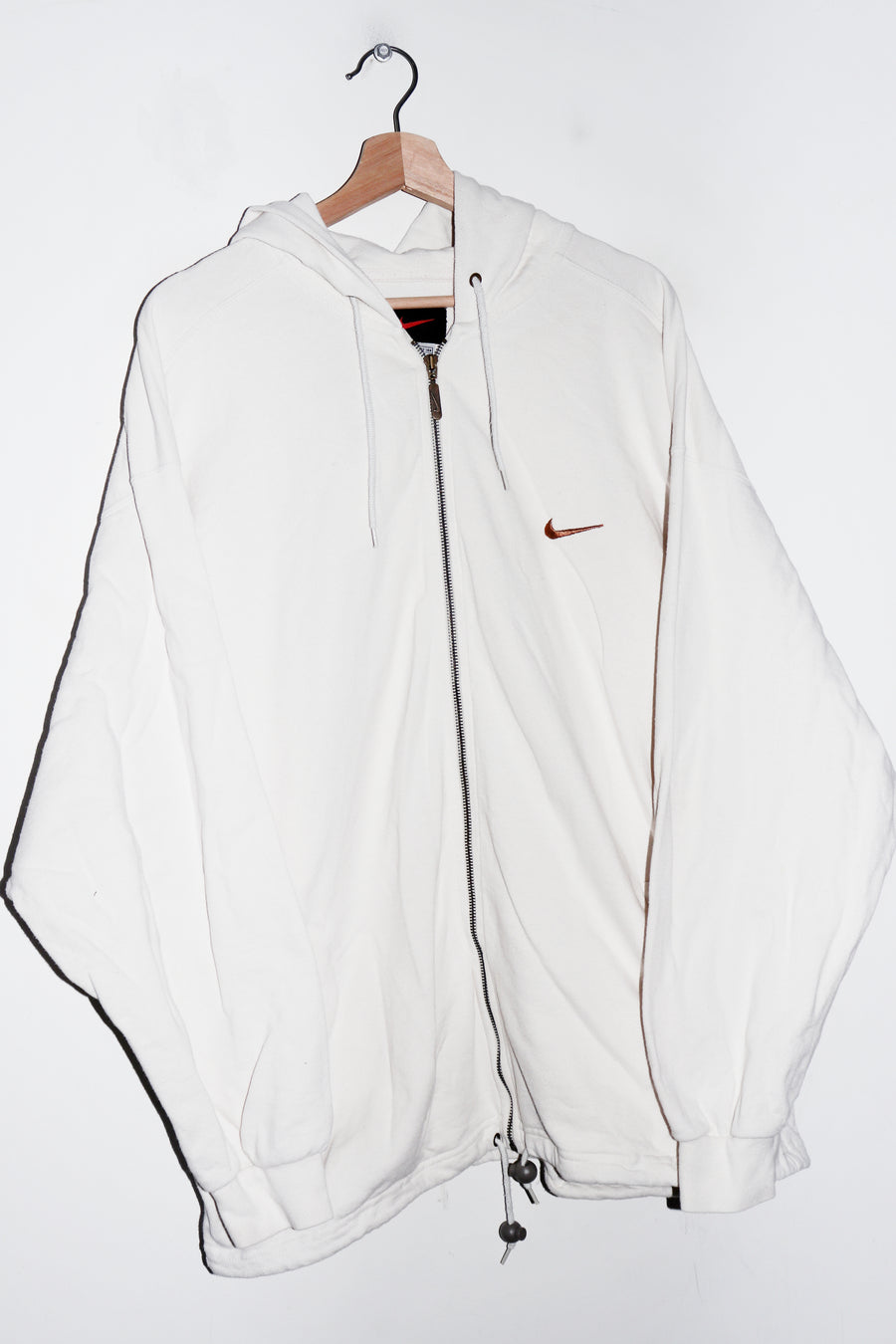 Vintage 90s Nike Embroidered Mini Swoosh Thick White Cotton Hooded Jacket (XL)