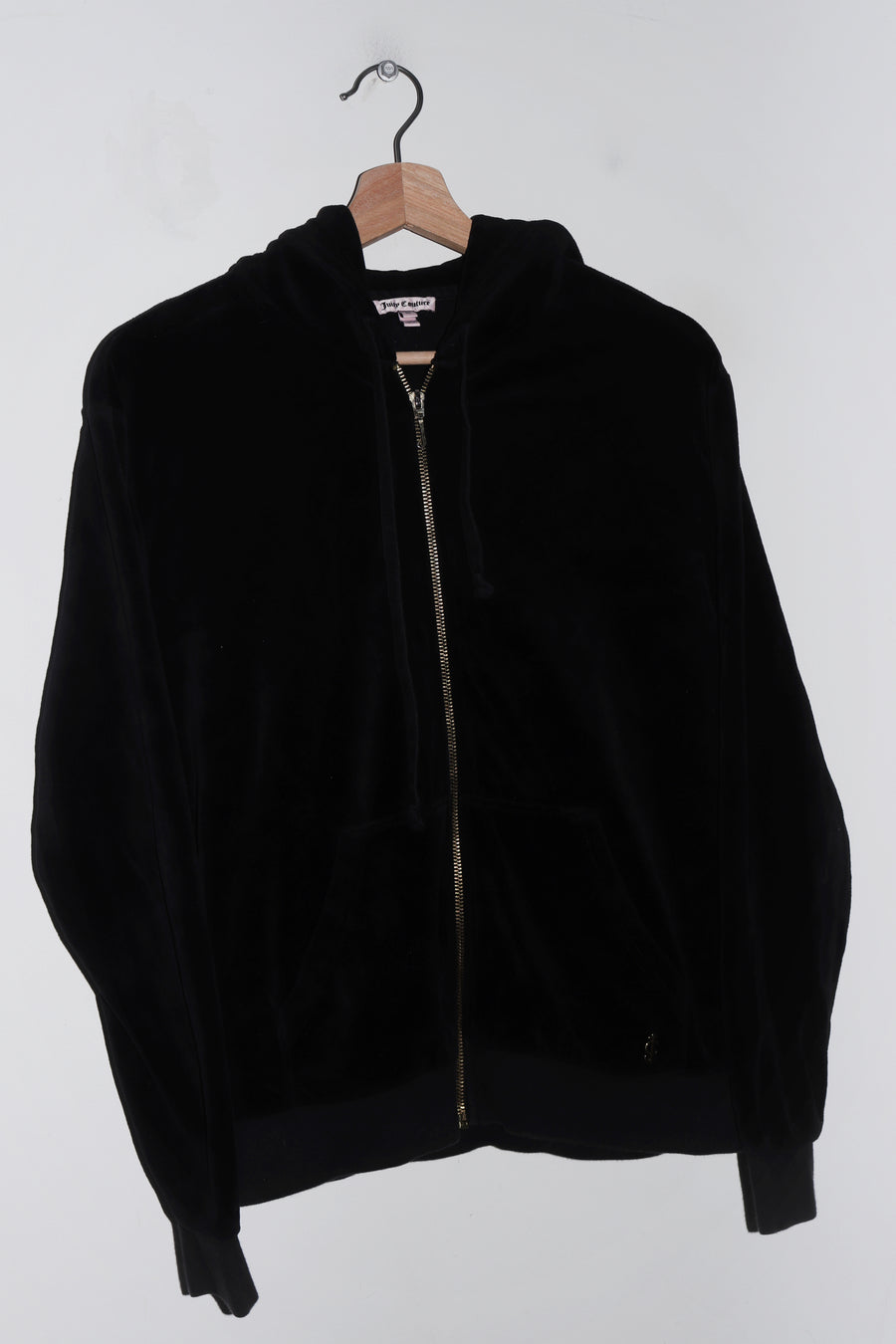 Juicy Couture Gold Metal Logo Black Velour Hooded Jacket (M)