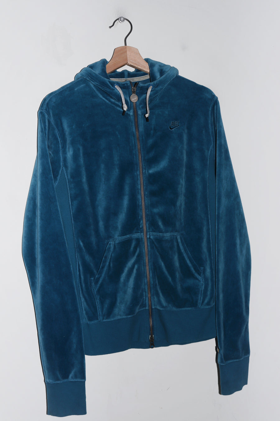 Vintage 2000s Nike Embroidered Swoosh Teal Velour Hooded Jacket (M-L)