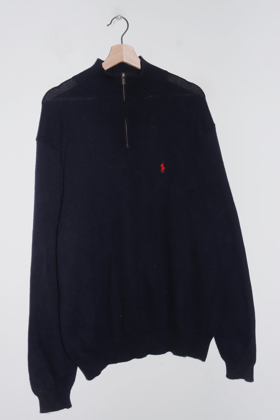 Polo Ralph Lauren Embroidered Logo Thick Navy Knitted Quarter Zip Jumper (XL)