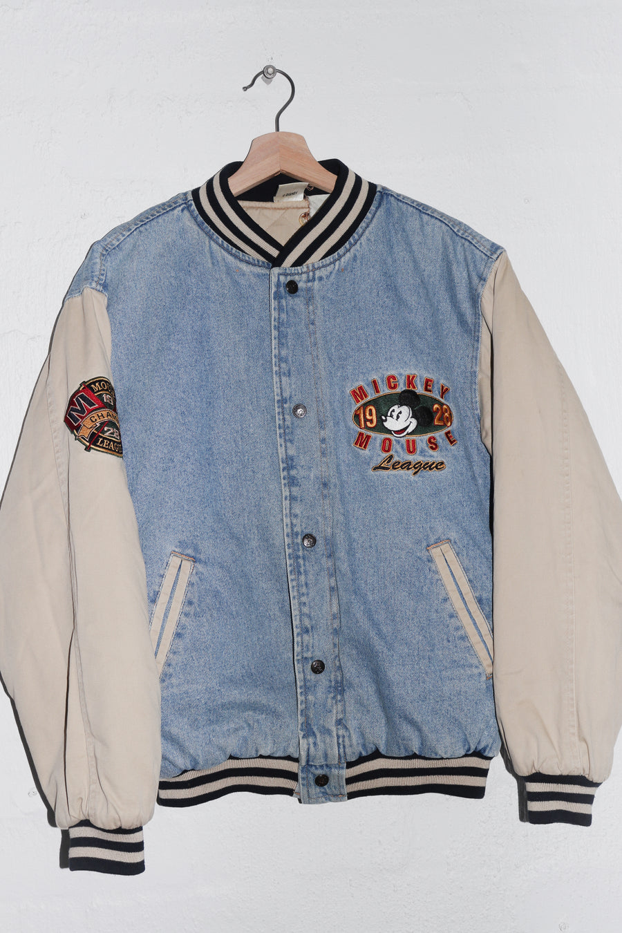 Vintage 90s Disney Mickey Mouse Thick Quilted Denim Varsity Jacket (M)