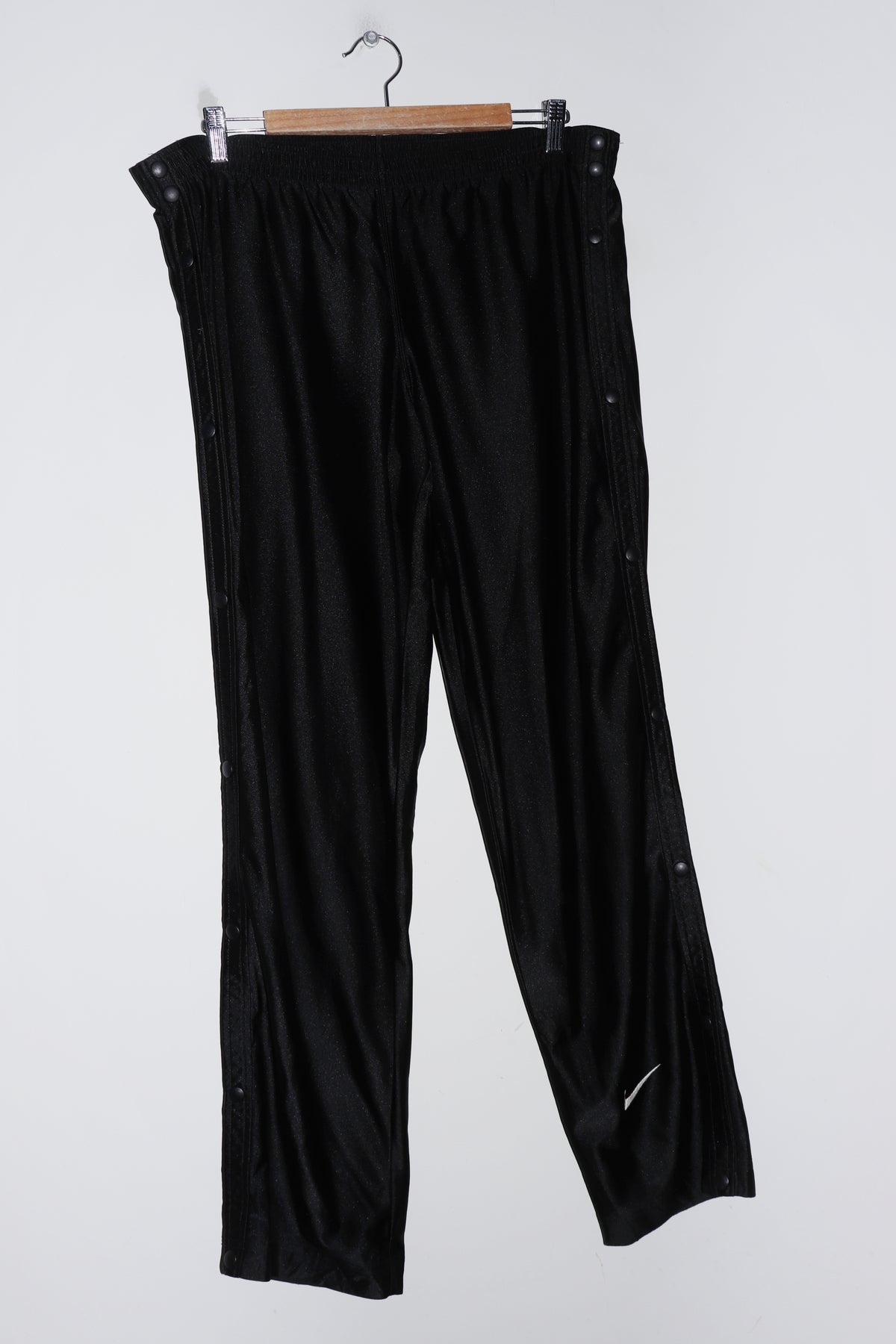 Vintage 90s Nike Embroidered Mini Swoosh Black Tear-Away Track Pants (12-14)